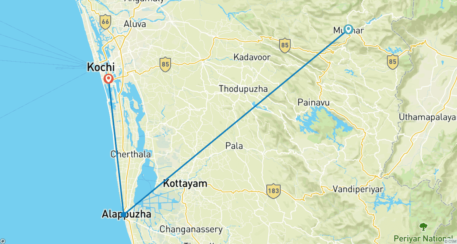 Mapa do percurso de Passeio relaxante por Kerala (Cochin Munnar Alleppy Cochin)