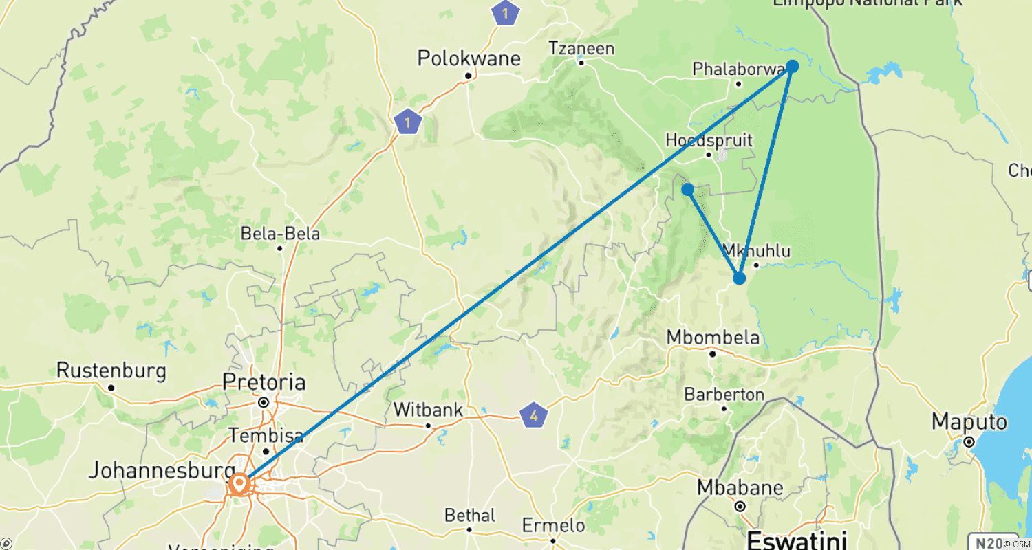 Mapa trasy: Najważniejsze atrakcje Parku Krugera