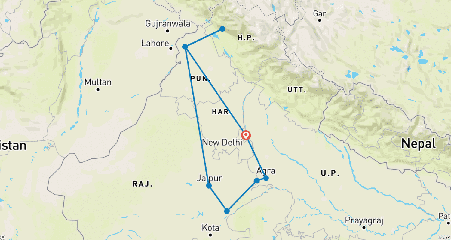 Mapa do percurso de Circuito Triângulo Dourado com Ranthambore, Amritsar e Dharamshala