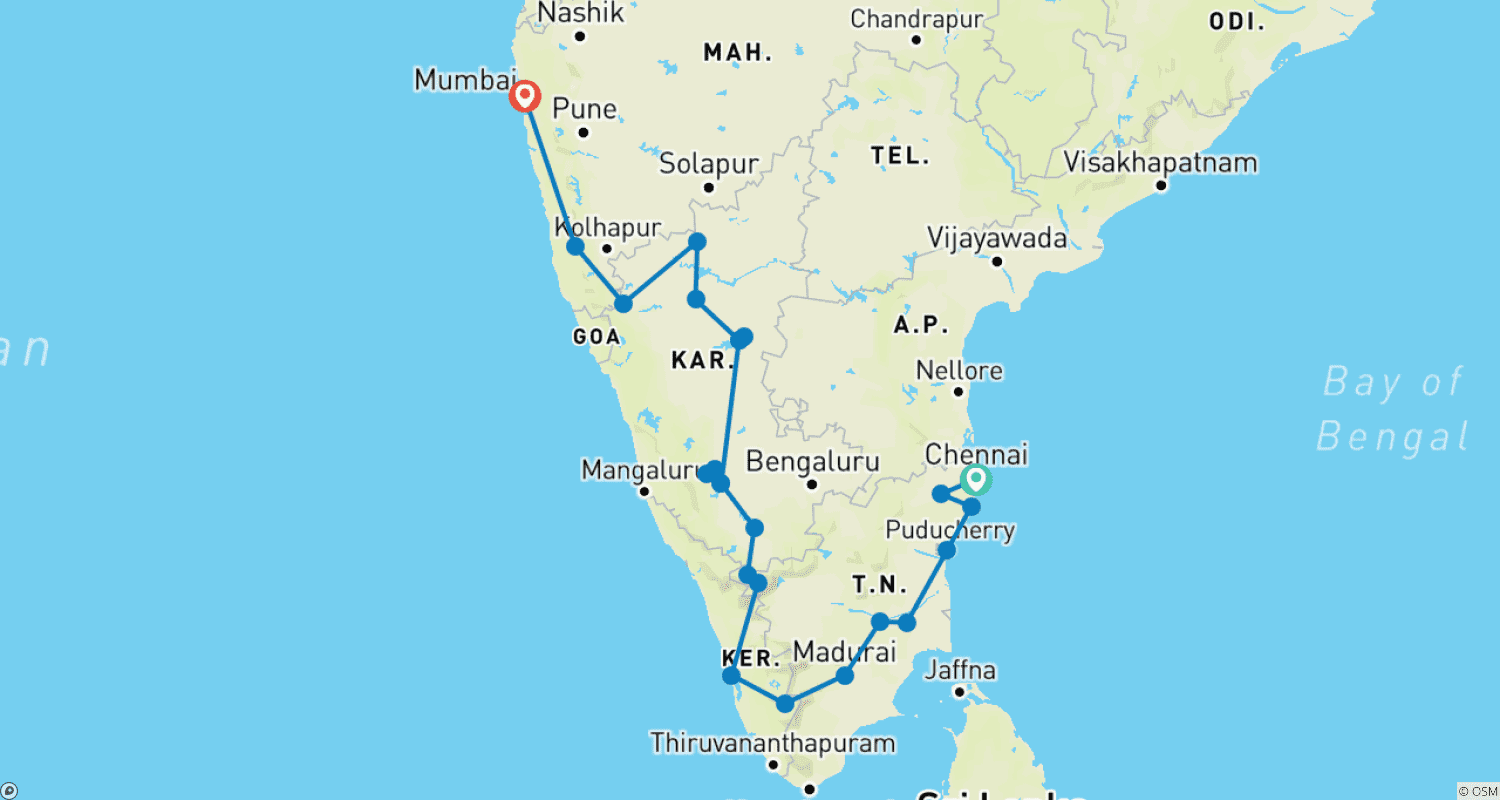 خريطة مسار South India Tour With Periya National park & Goa & Mudumalai  Wildlife Safari