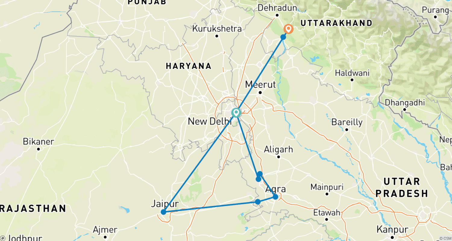 Mapa trasy: Złoty Trójkąt z Vrindavan, Haridwar i Rishikesh – kompleksowo