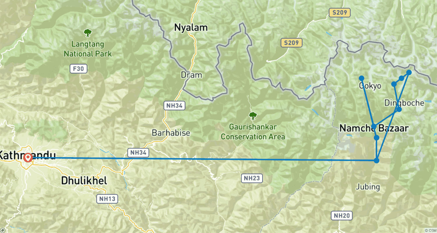 Mapa do percurso de Trekking ao Acampamento Base do Everest com Voo de Helicóptero de Volta a Lukla