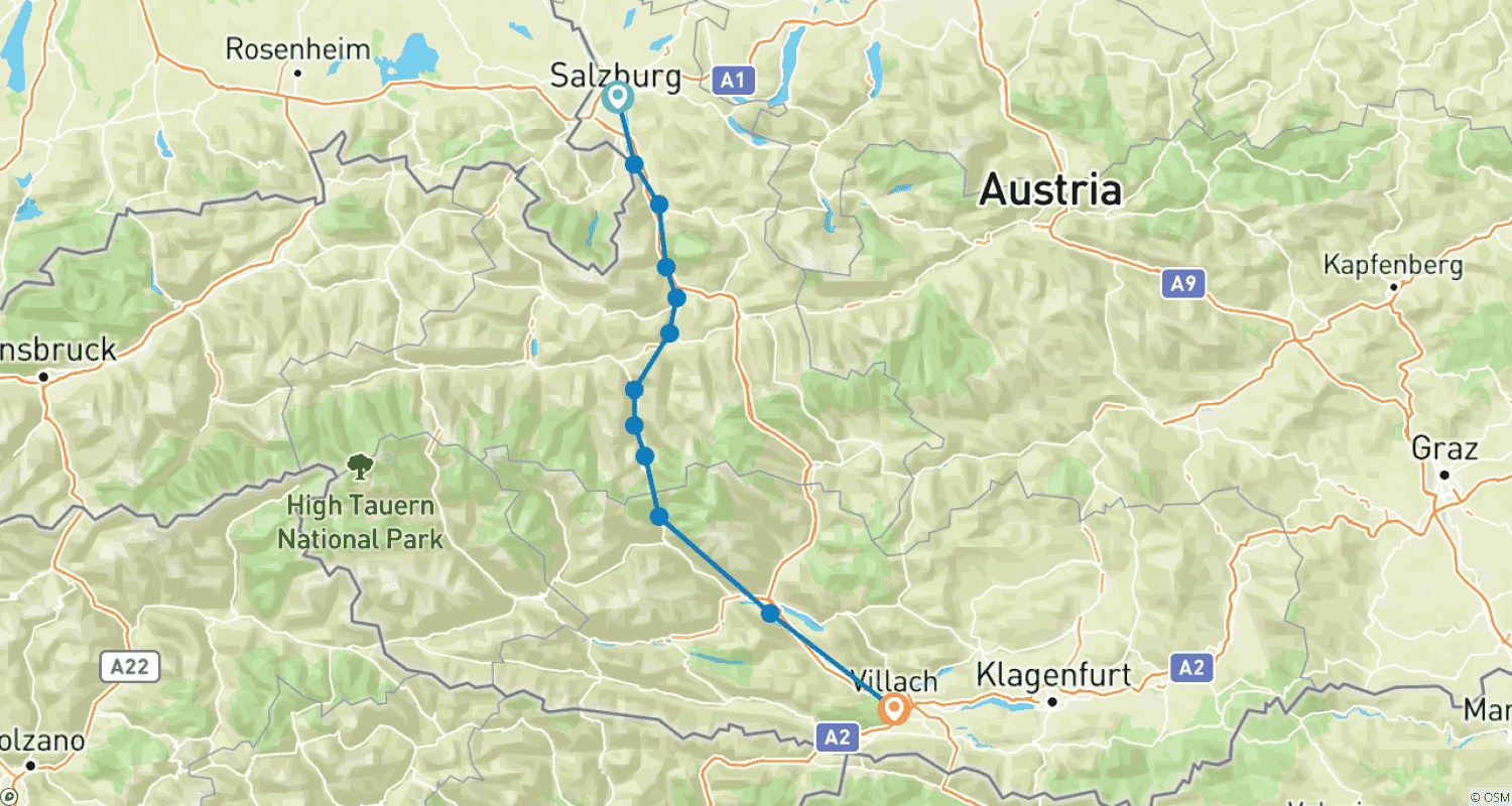 Mapa trasy: Szlak Rowerowy Alpe Adria, Salzburg – Villach