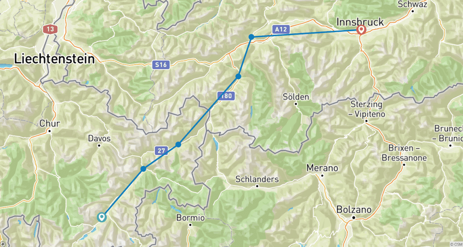 St. Moritz - Innsbruck 7泊6日のルートマップ