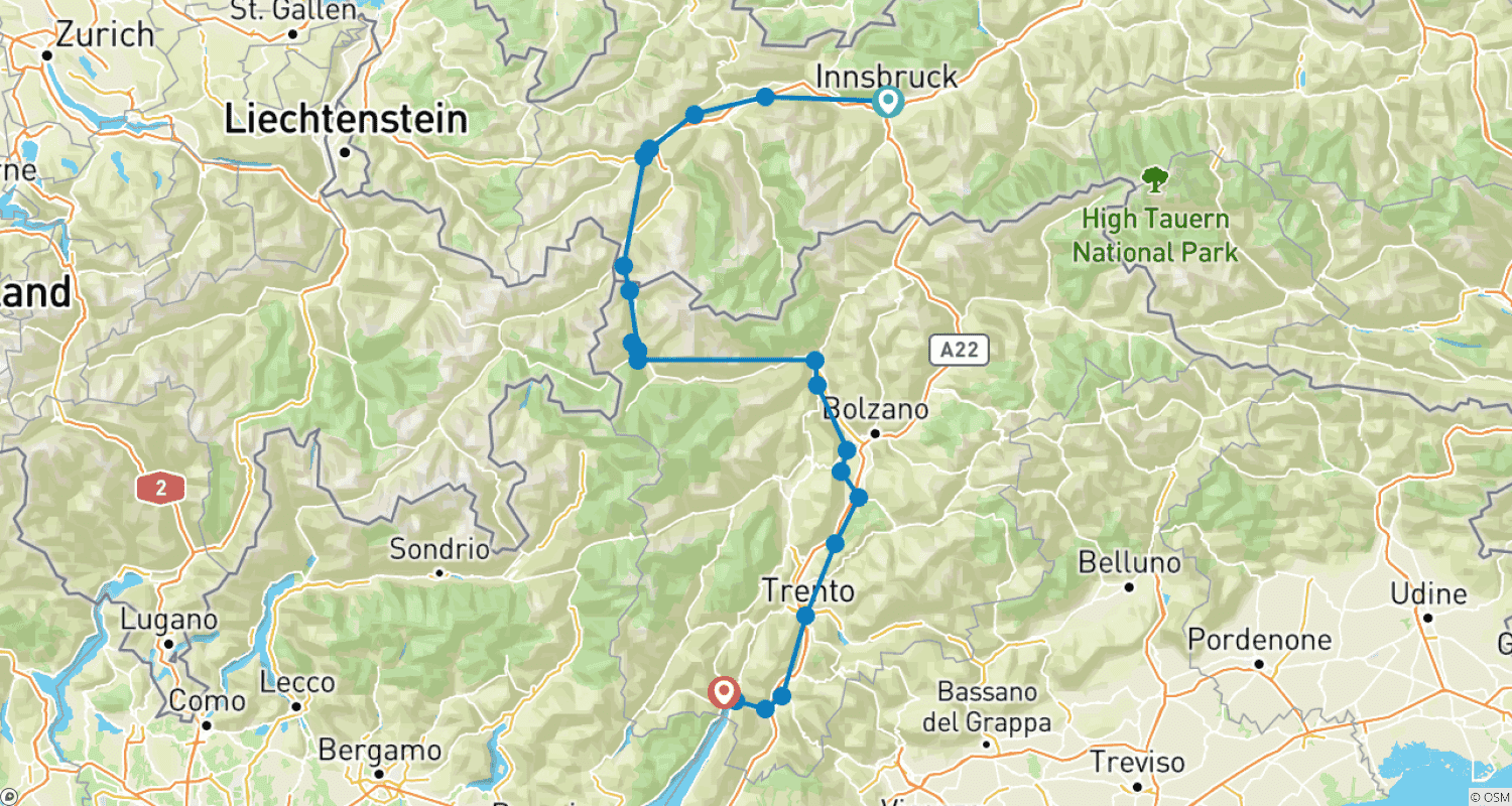 Mapa trasy: Innsbruck – Jezioro Garda