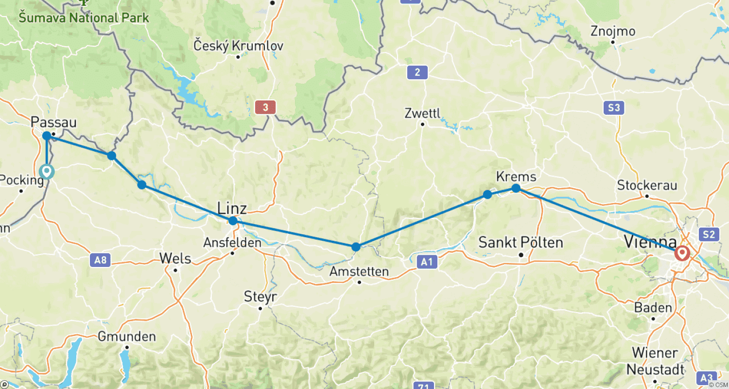 Mapa trasy: Szlak Rowerowy Dunaju, Schärding – Wiedeń