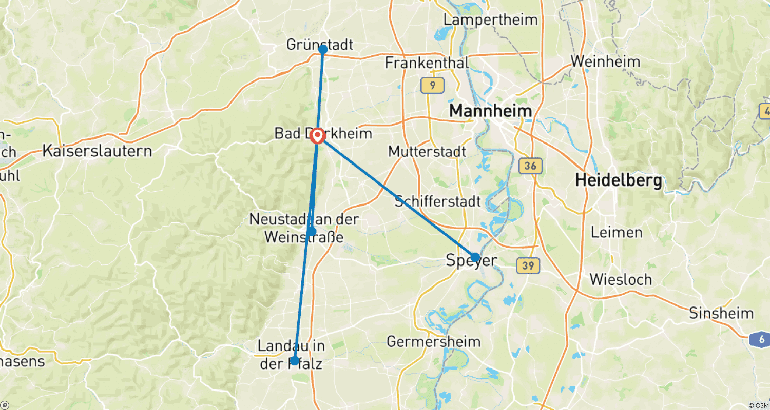 Mapa trasy: Wycieczka winna po Palatynacie z bazą w jednym hotelu 7 dni/6 nocy