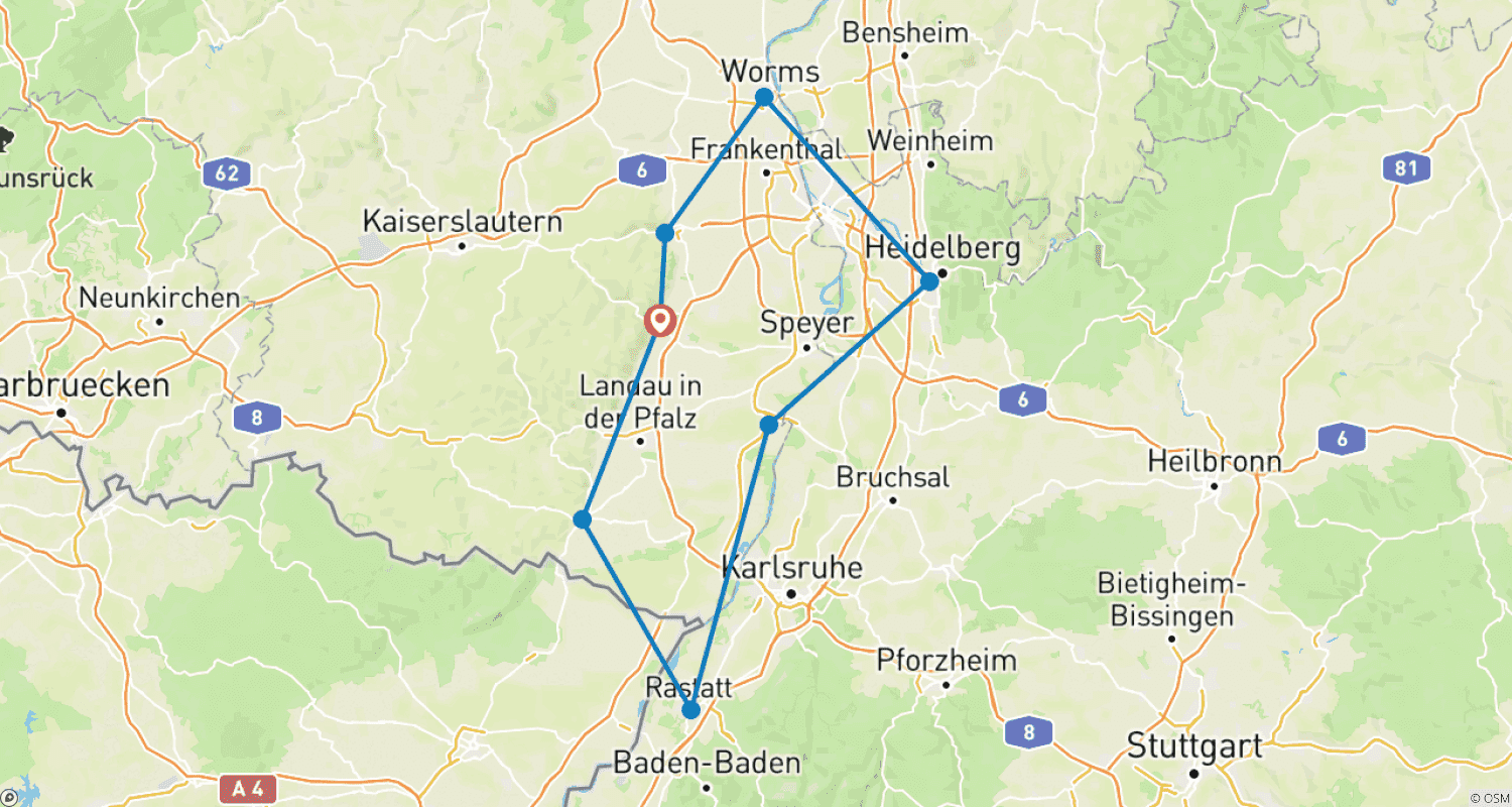Mapa trasy: Neckar, Ren i Winnice