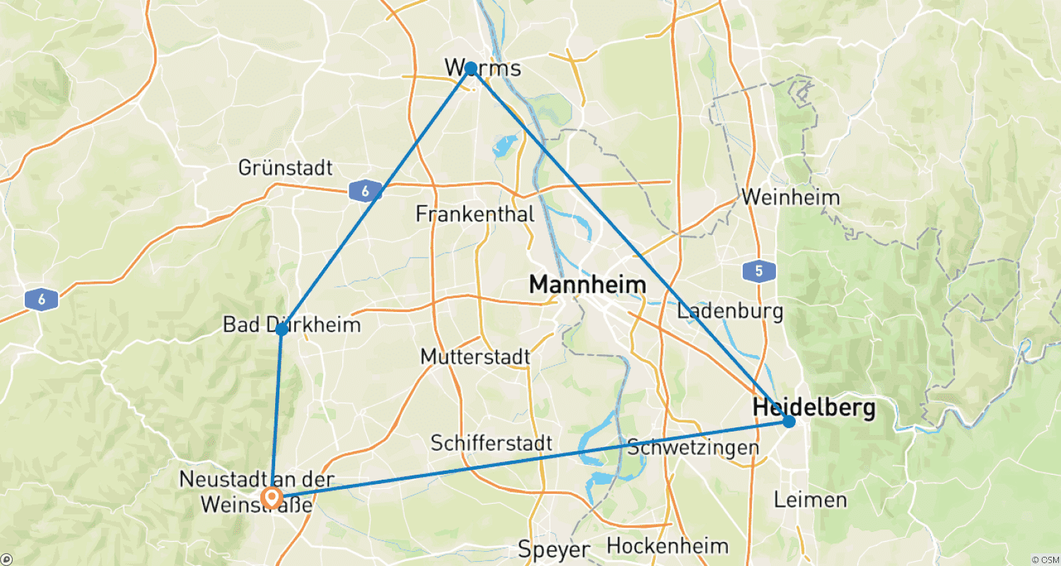 Mapa trasy: Speyer – Heidelberg – Worms