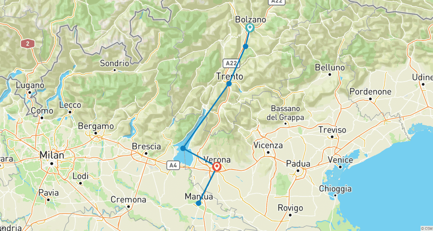 Mapa trasy: Bolzano – Verona