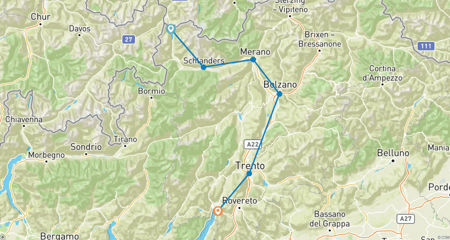 Mapa do percurso de Do Lago Resia ao Lago de Garda