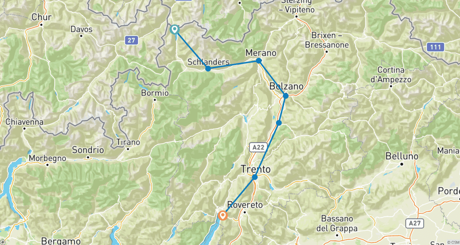 Mapa do percurso de Do Lago Resia ao Lago de Garda