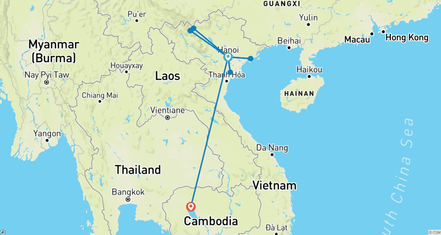Mapa do percurso de 9 Dias no norte do Vietnã - Camboja (Hanói, Sapa, Ha Long, Siem Reap)