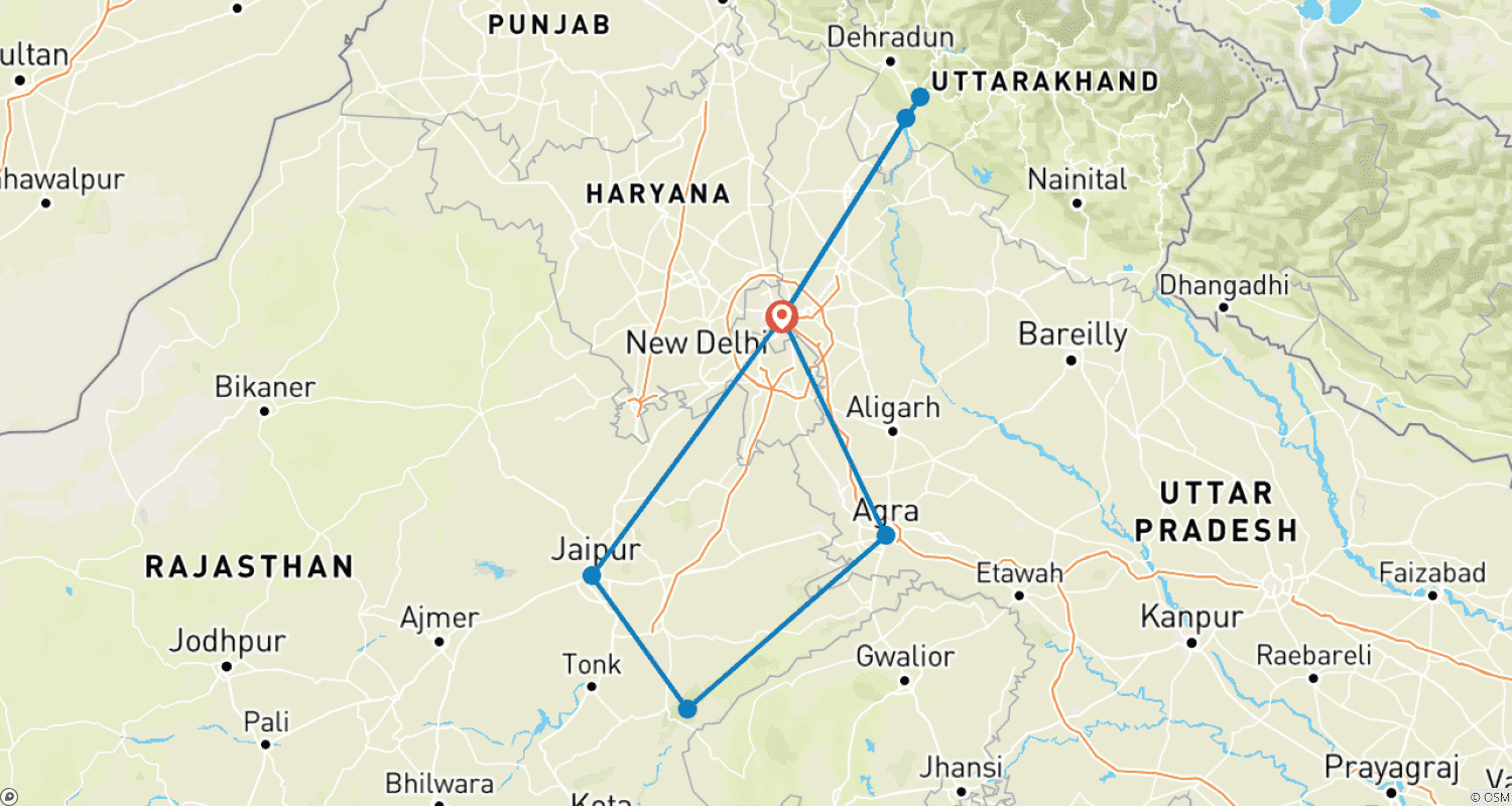 Mapa do percurso de Índia Espiritual com Vida Selvagem