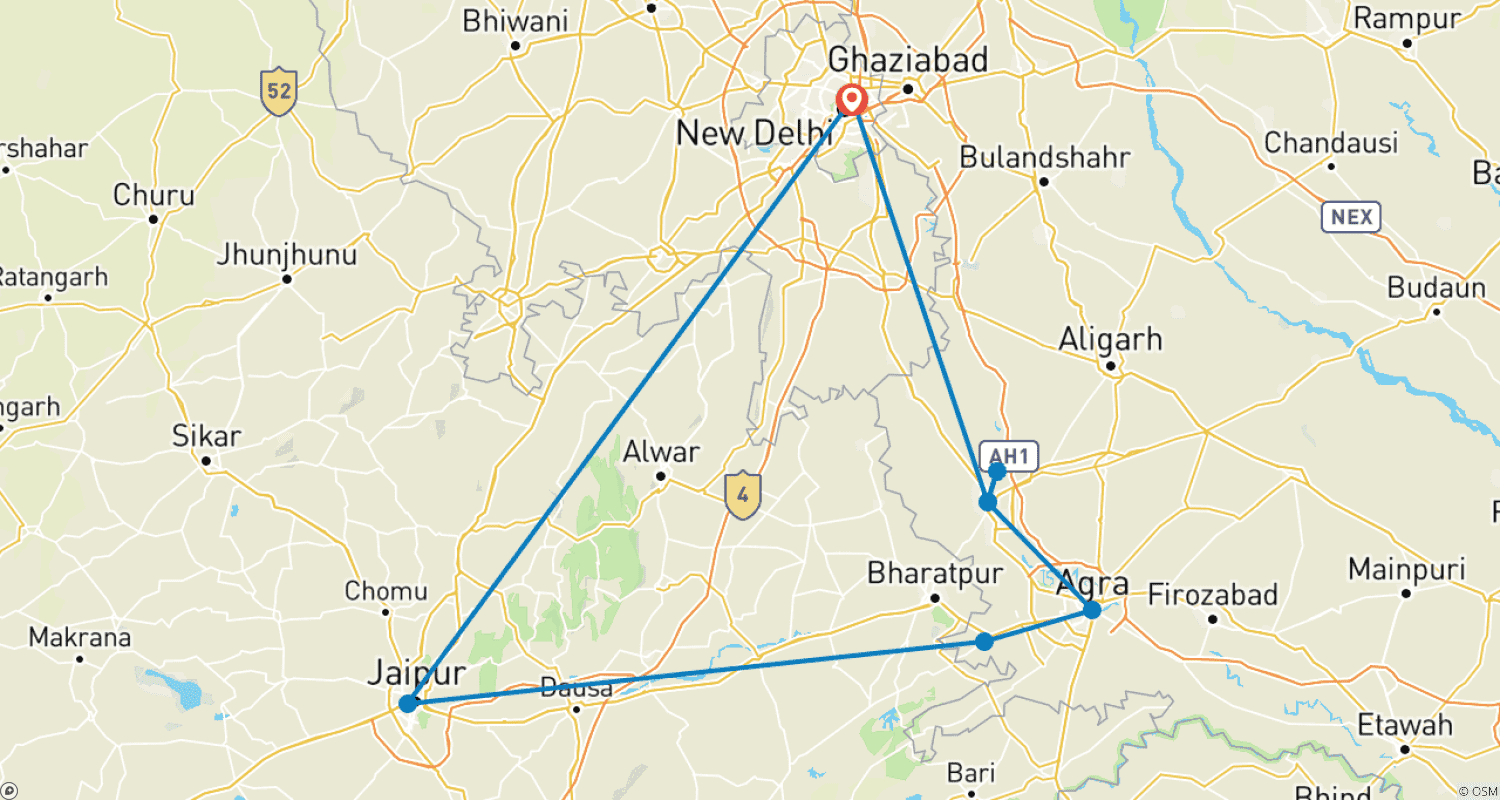 Mapa do percurso de Celebração do Holi em Mathura Vrindavan com o Tour do Triângulo Dourado da Índia - 2024