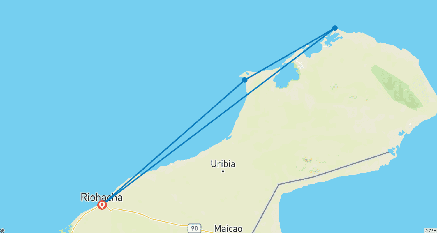 Mapa do percurso de Mágica Viagem Privada de 3 Dias ao Deserto da Guajira