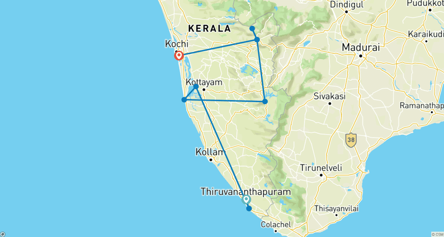 Mapa do percurso de Tour Privado Personalizado de 11 Dias no Estado de Kerala, Índia, com Partida Diária