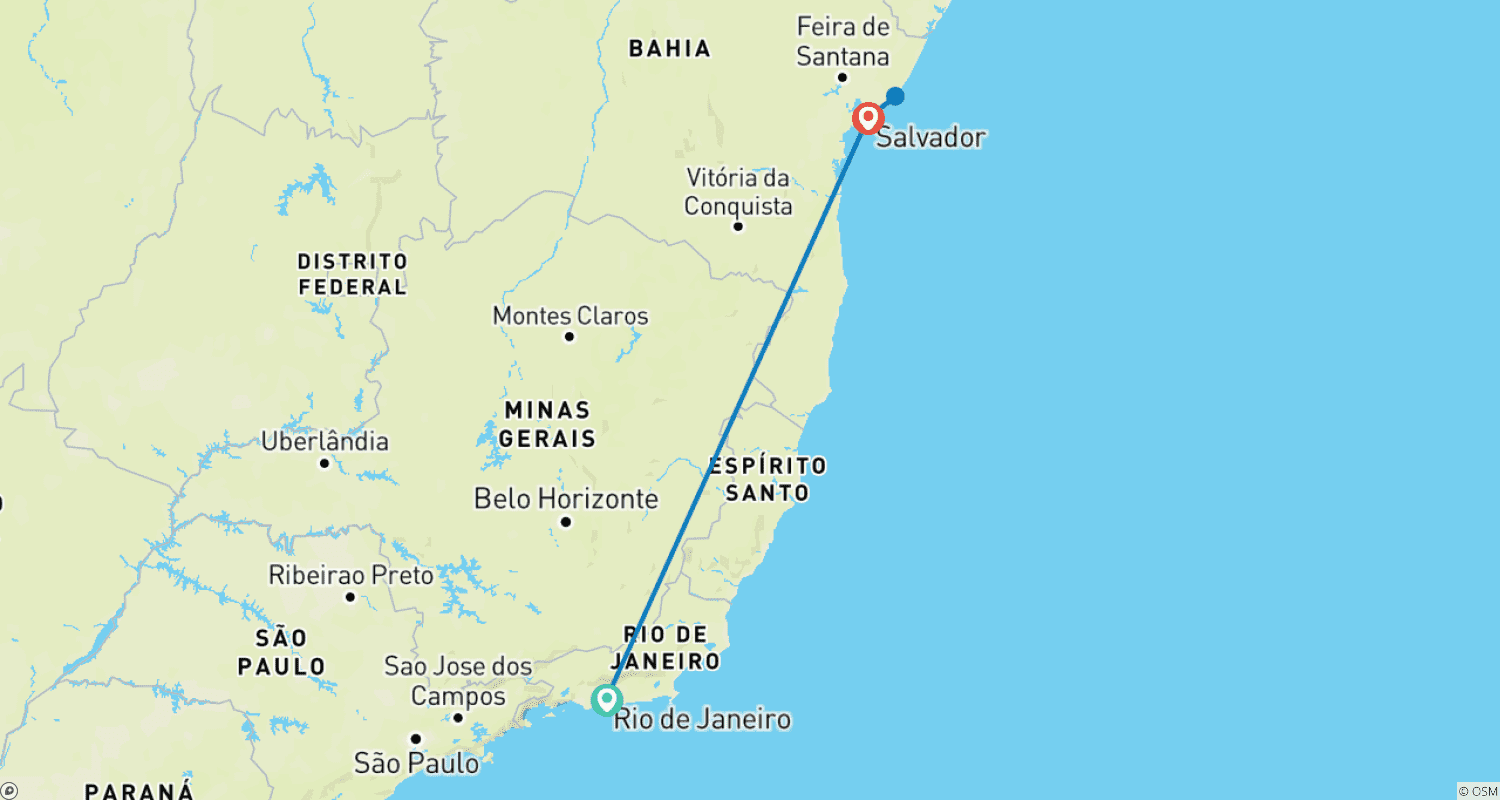 Mapa do percurso de 9 dias no Rio de Janeiro e Salvador