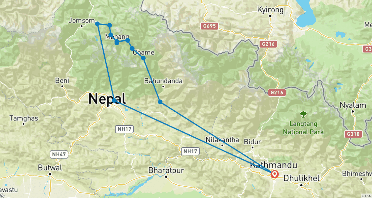 Mapa do percurso de Trekking Curto pelo Circuito Annapurna de 10 Dias