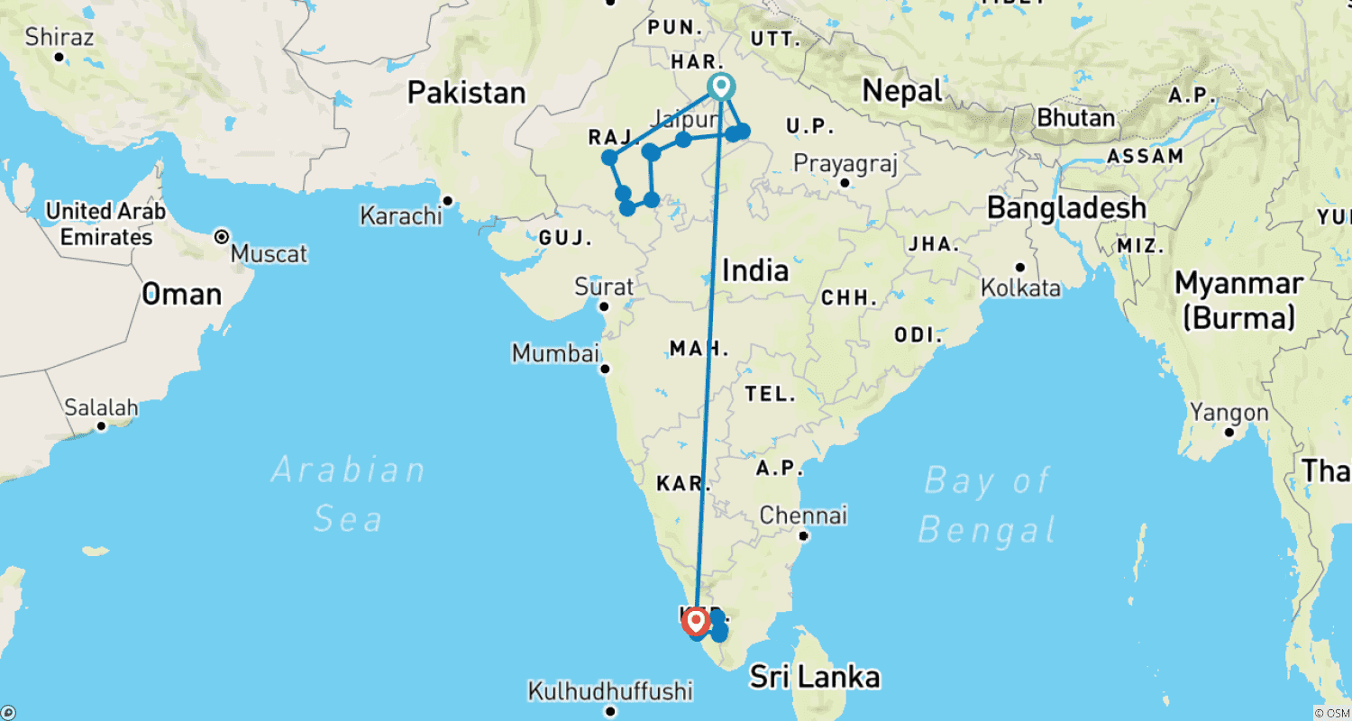 خريطة مسار North and South India Tour