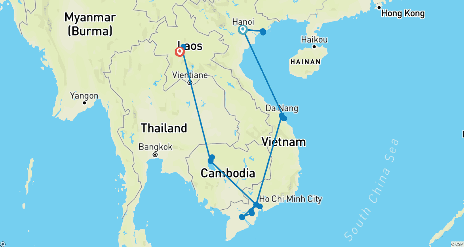 東南アジアの宝石を発見する旅 16日間15泊(ベトナム、カンボジア、ラオス)のルートマップ