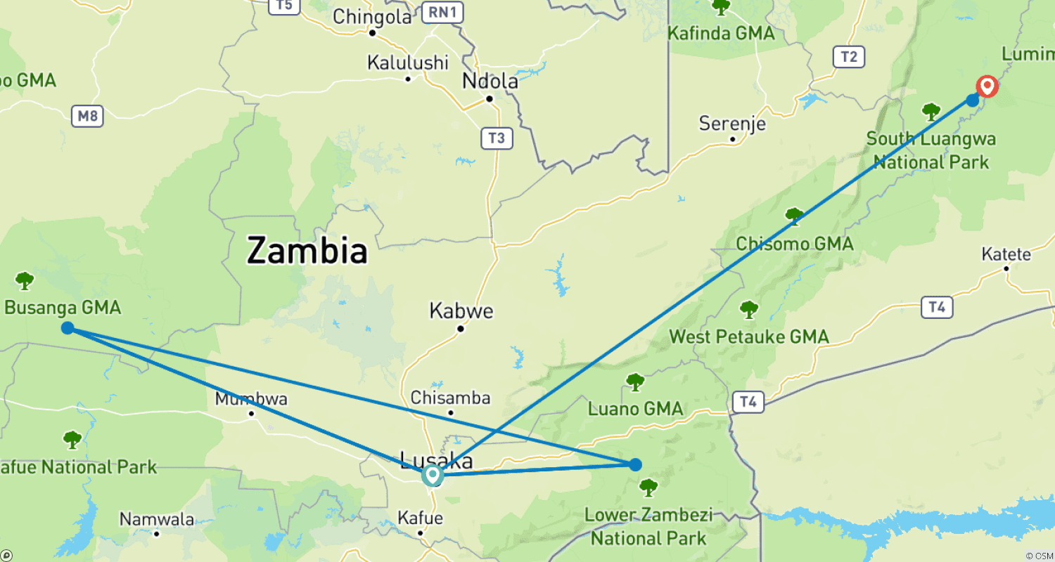 Mapa trasy: Nyati BIG-5 Classic “Best of Zambia” Safari Experience: Lower Zambezi, Kafue (Busanga Plains) and South Luangwa National Parks – 11 days