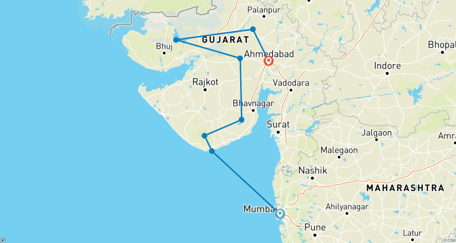 Mapa trasy: 12-dniowy pakiet wycieczkowy po dzikiej przyrodzie Gudźaratu z lwami azjatyckimi z Mumbaju (WSZYSTKO W CENIE)