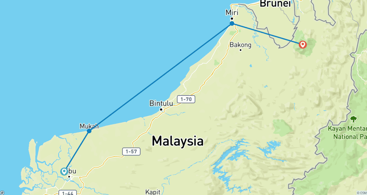Mapa do percurso de 11D10N Explorador Costeiro e Interior de Sarawak