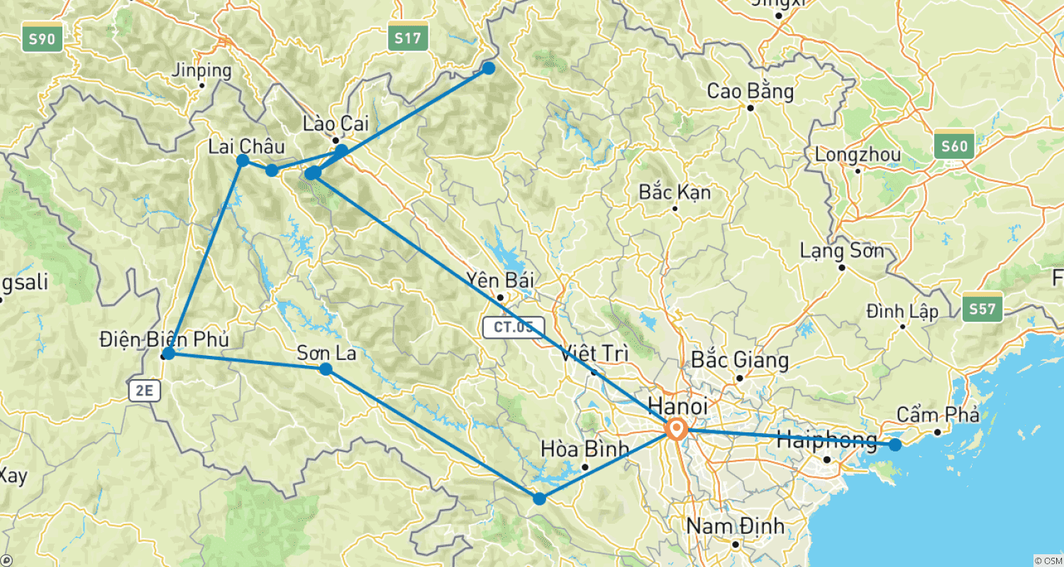 Mapa do percurso de O Melhor do Noroeste do Vietnã: 14 Dias de Trekking Leve