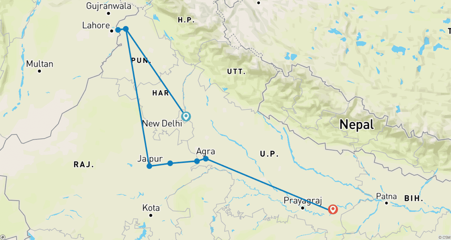 Mapa do percurso de Viagem Privada de 10 Dias ao Triângulo Dourado da Índia com Amritsar e Varanasi, Partida Diária