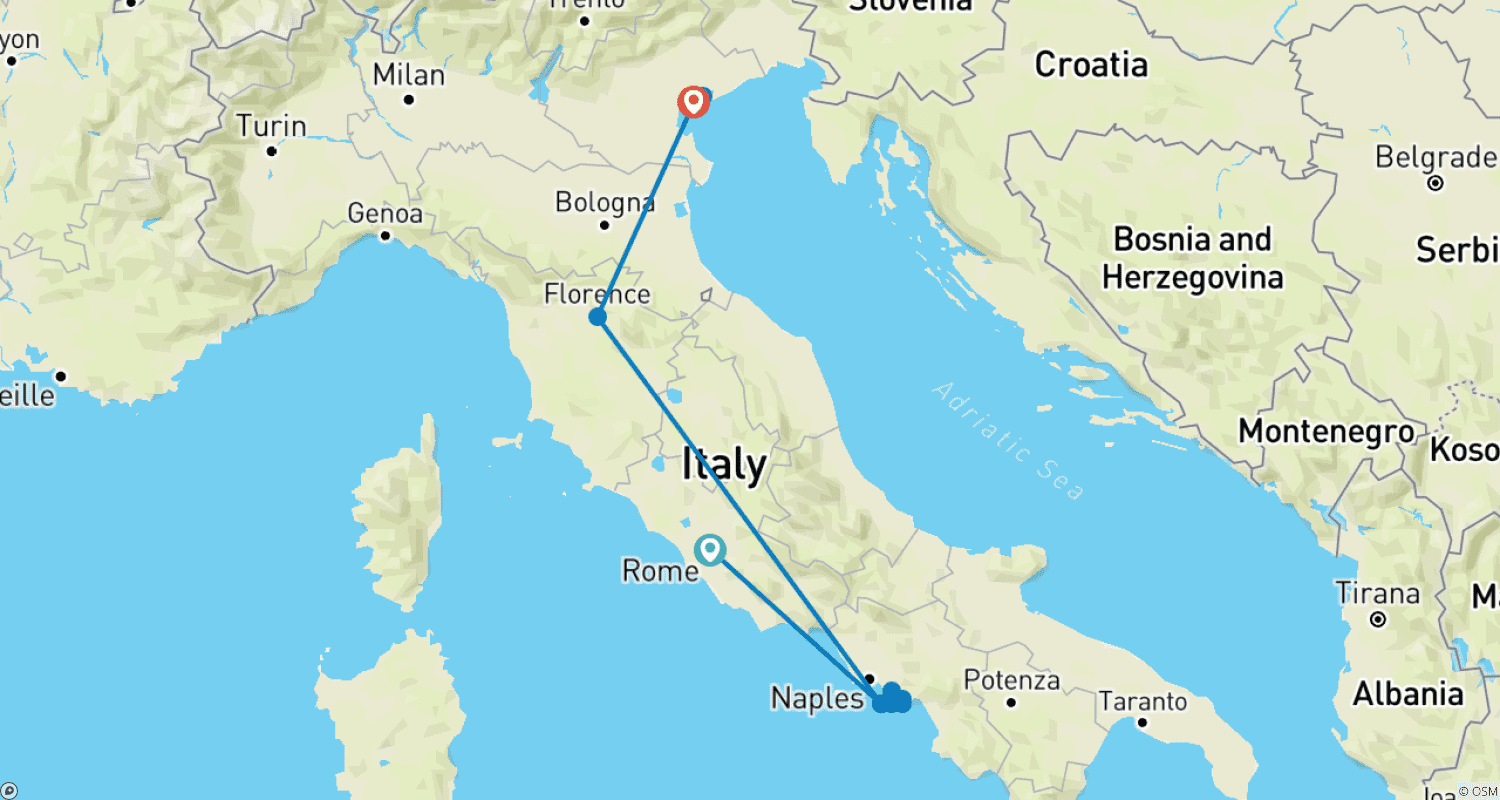 Mapa do percurso de Roma, Sorrento, Florença, Veneza: viagem exclusiva (hotéis 4*) de baixo carbono de trem