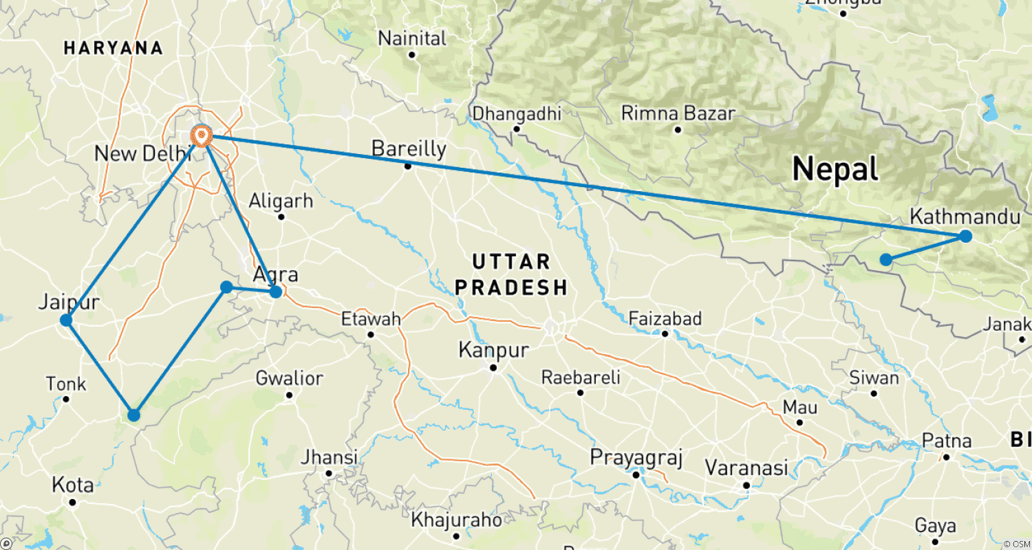 LUXURIOUS 14 Days India Nepal Wildlife Tour with Taj Mahal (ALL INCLUSIVE)のルートマップ