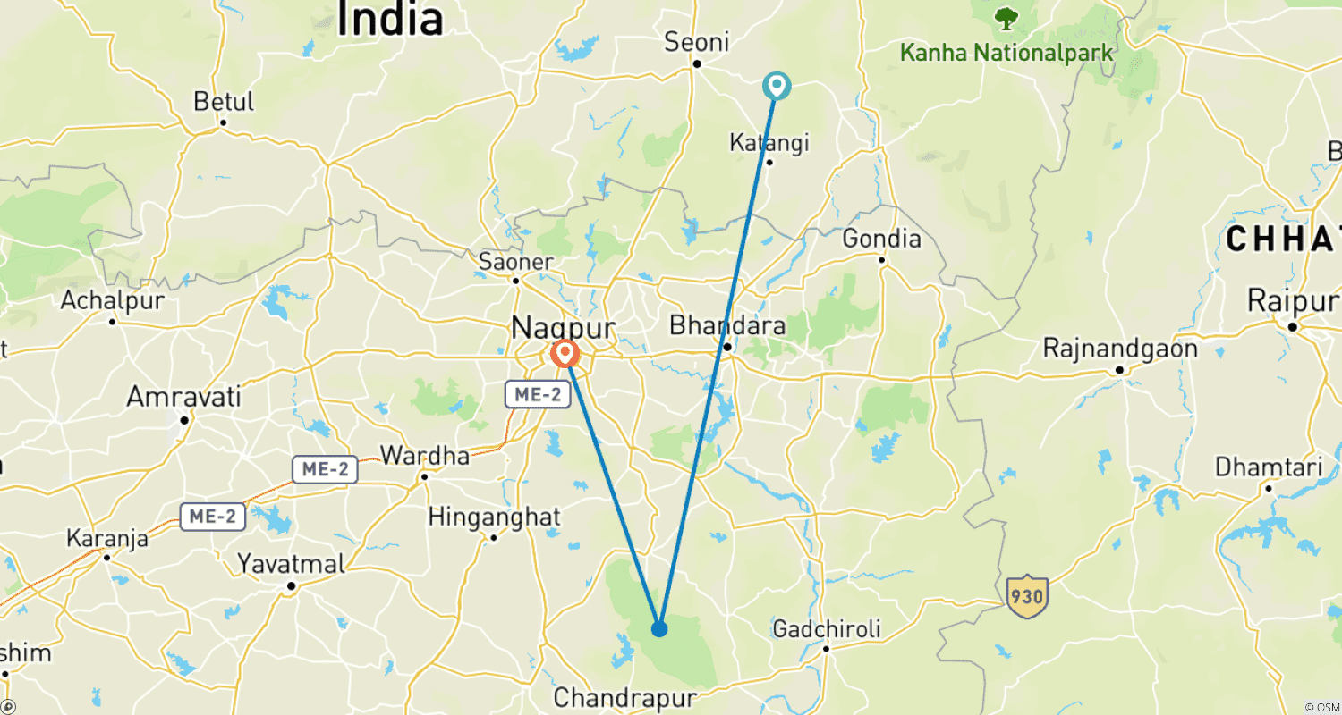 Mapa do percurso de Excursão de 7 Dias para Ver Tigres nos Parques Nacionais de Pench e Tadoba, partindo de Nagpur