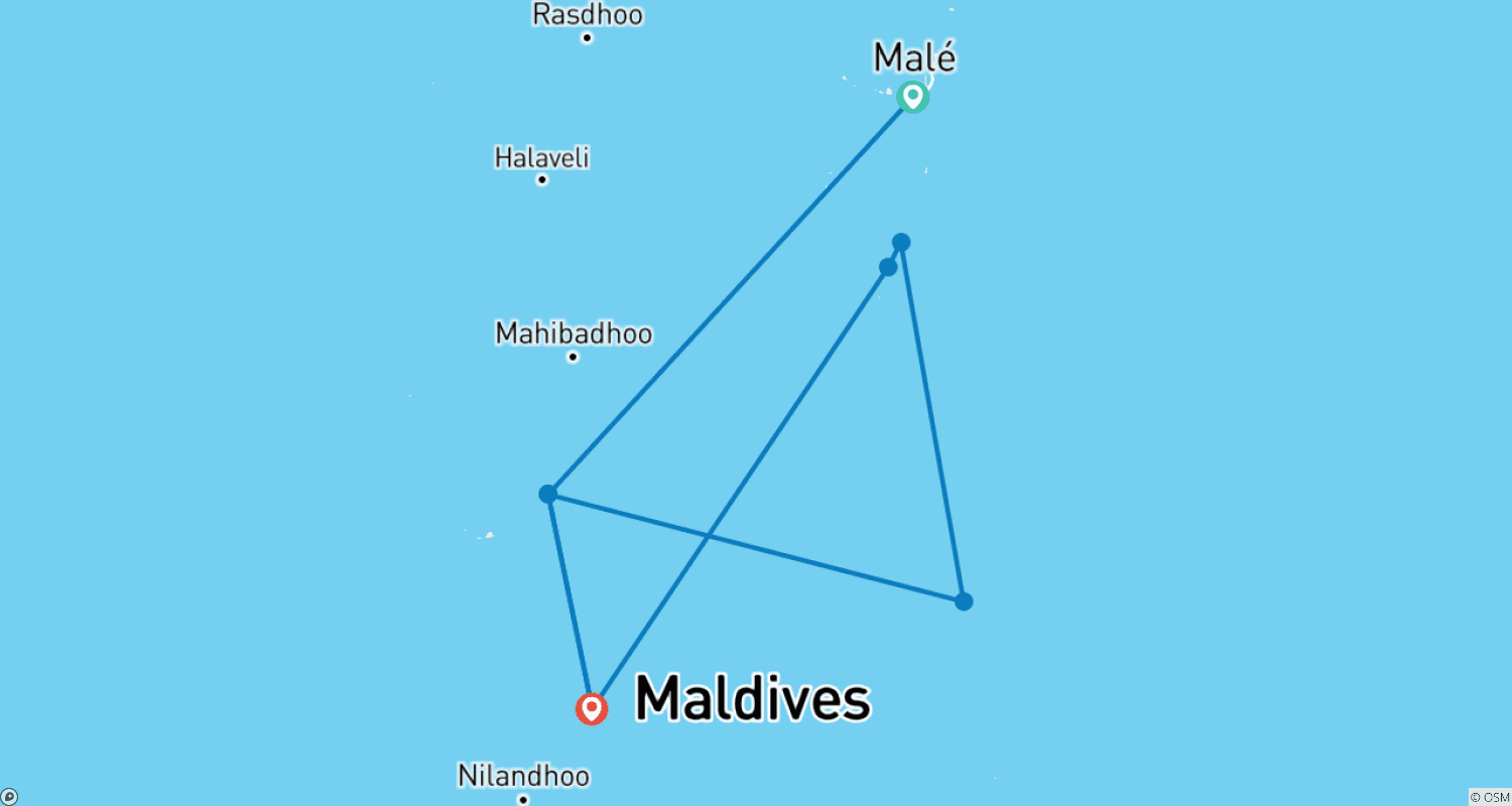 Mapa do percurso de Aventura entre as Ilhas Maldivas