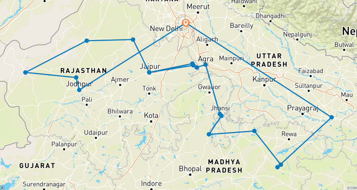 Mapa trasy: Wycieczka po najważniejszych atrakcjach Północnych Indii