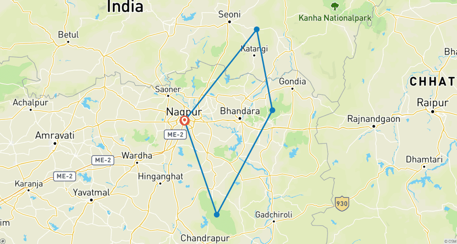 Mapa do percurso de Excursão de Safári de Vida Selvagem de 7 Dias em Tadoba, Nagzira e Pench saindo de Nagpur