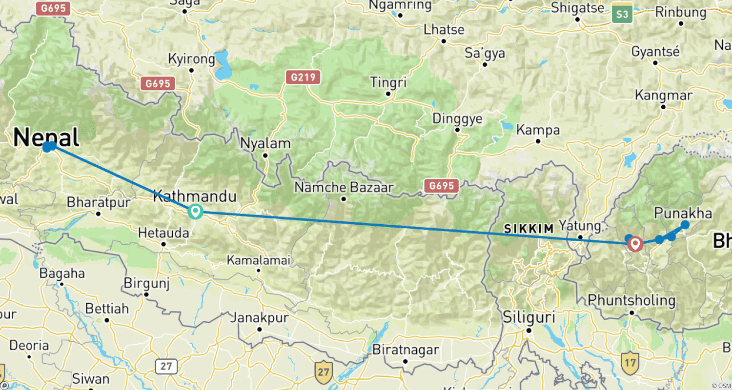 Mapa trasy: Wycieczka po najważniejszych atrakcjach Nepalu i Bhutanu – 9 dni w Katmandu, Pokharze, Paro, Thimphu i Punakha