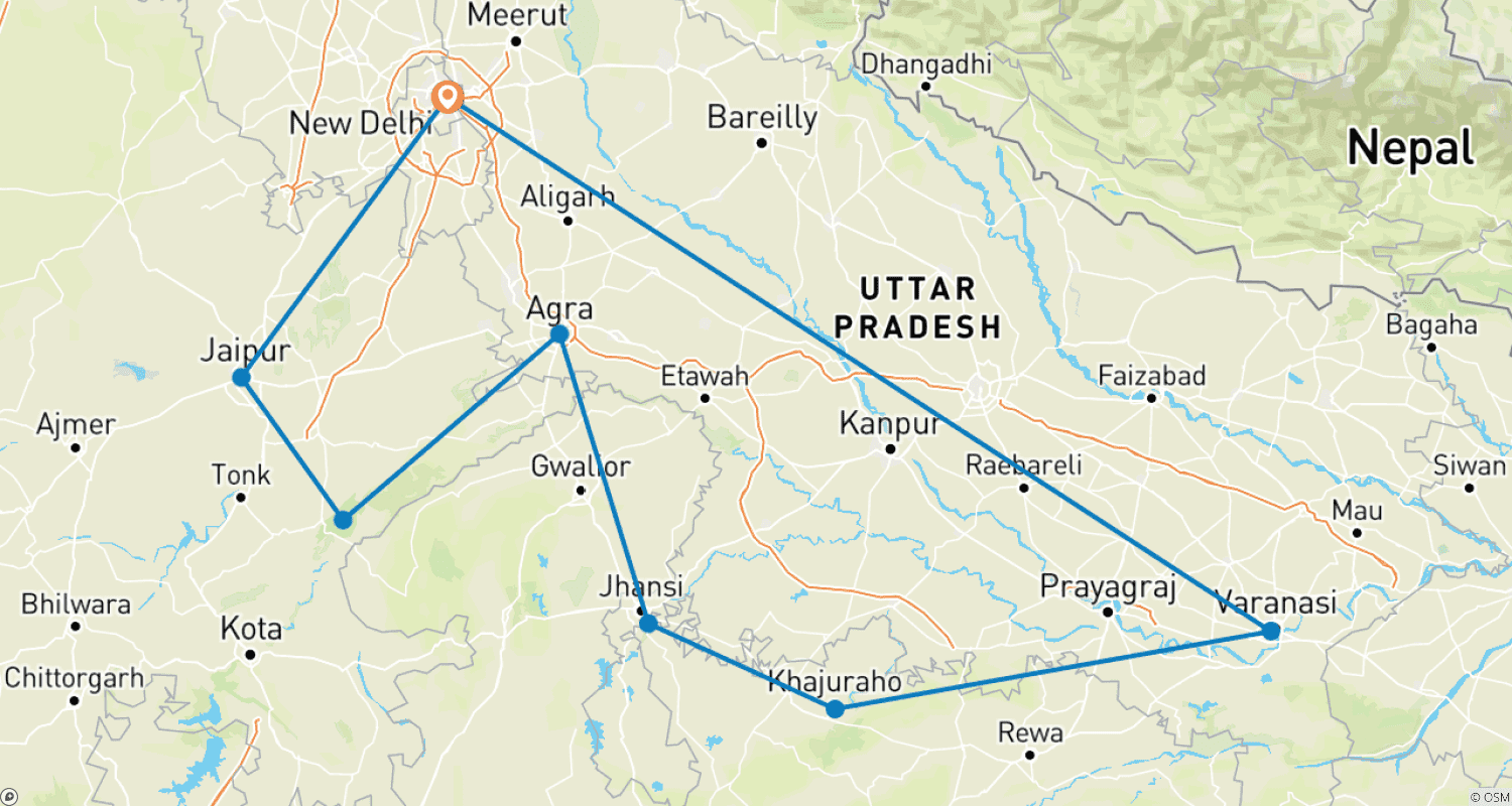 Mapa trasy: Classic Golden Triangle & Tigers, Ganges