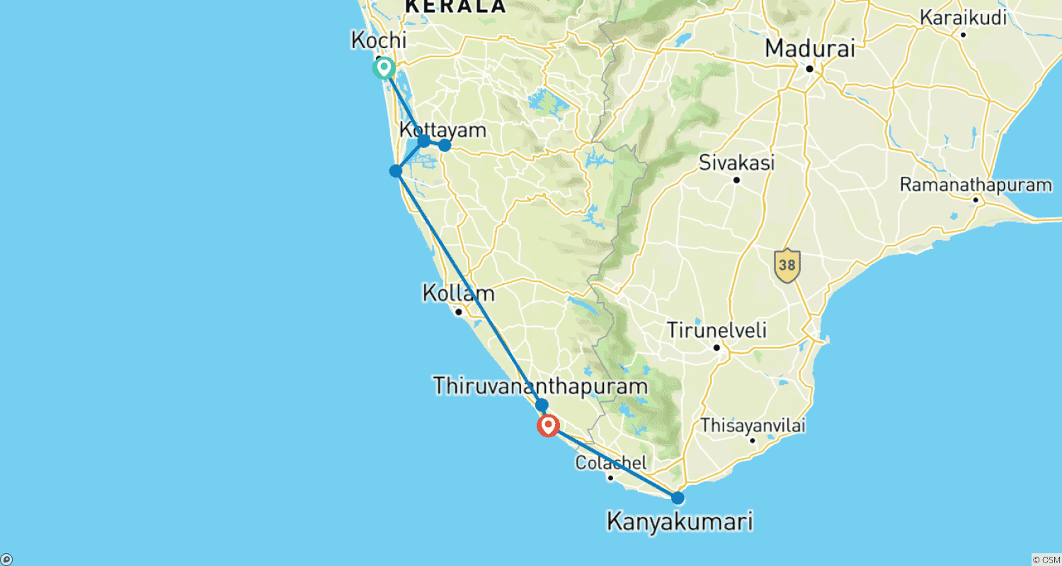 Mapa do percurso de Passeio pelas Praias de Kerala