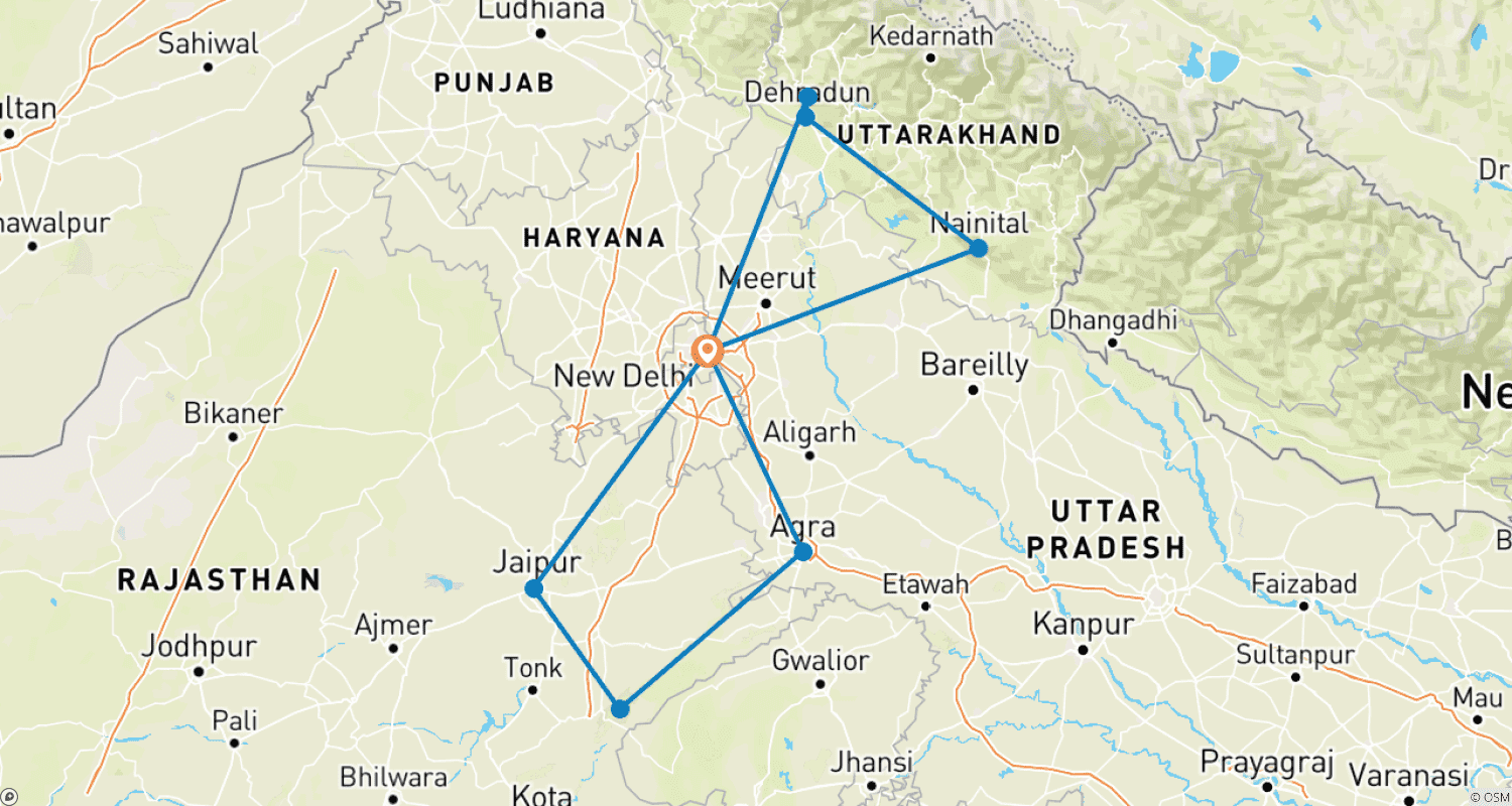Mapa do percurso de Explore Uttarakhand e o Triângulo Dourado