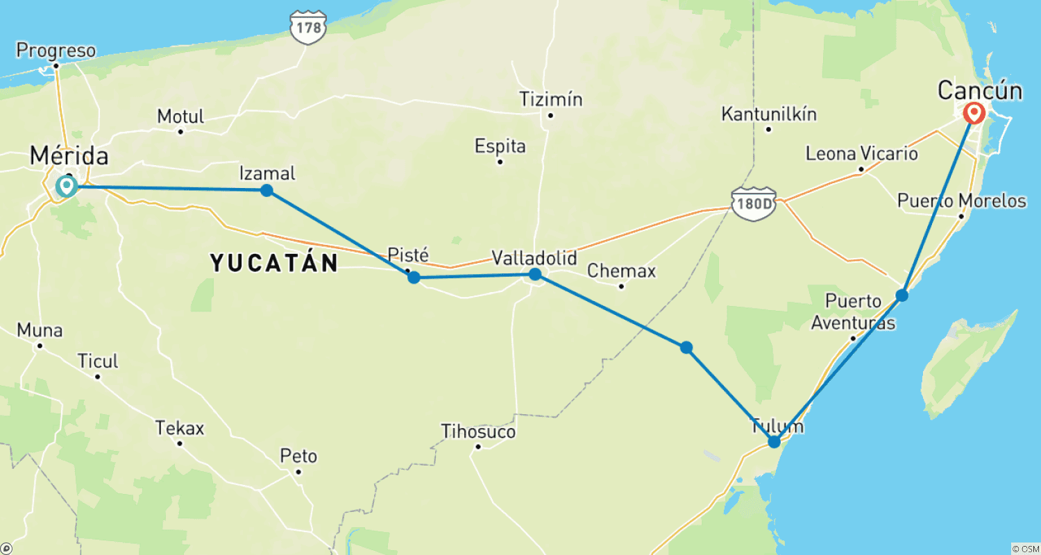 Mapa do percurso de Viagem de Praia Personalizada de 5 Dias no México com Partida Diária (Guia e Carro Privados)