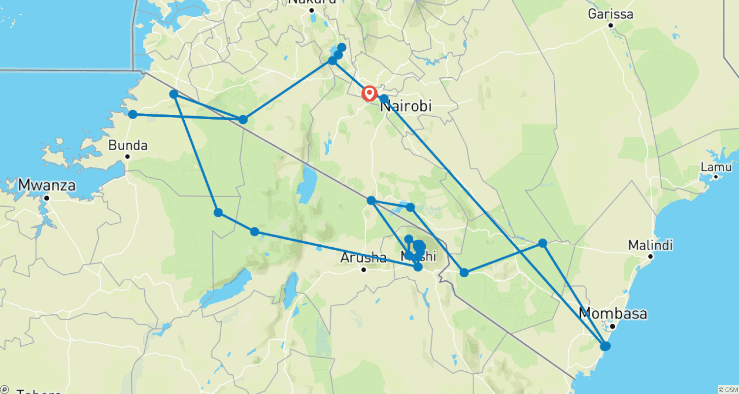 Mapa trasy: 21 dni Najlepsze z Kenii i Tanzanii Safari, wędrówka na Kilimandżaro i wakacje na plaży Diani - Luksusowe safari Land Cruiserem 4x4