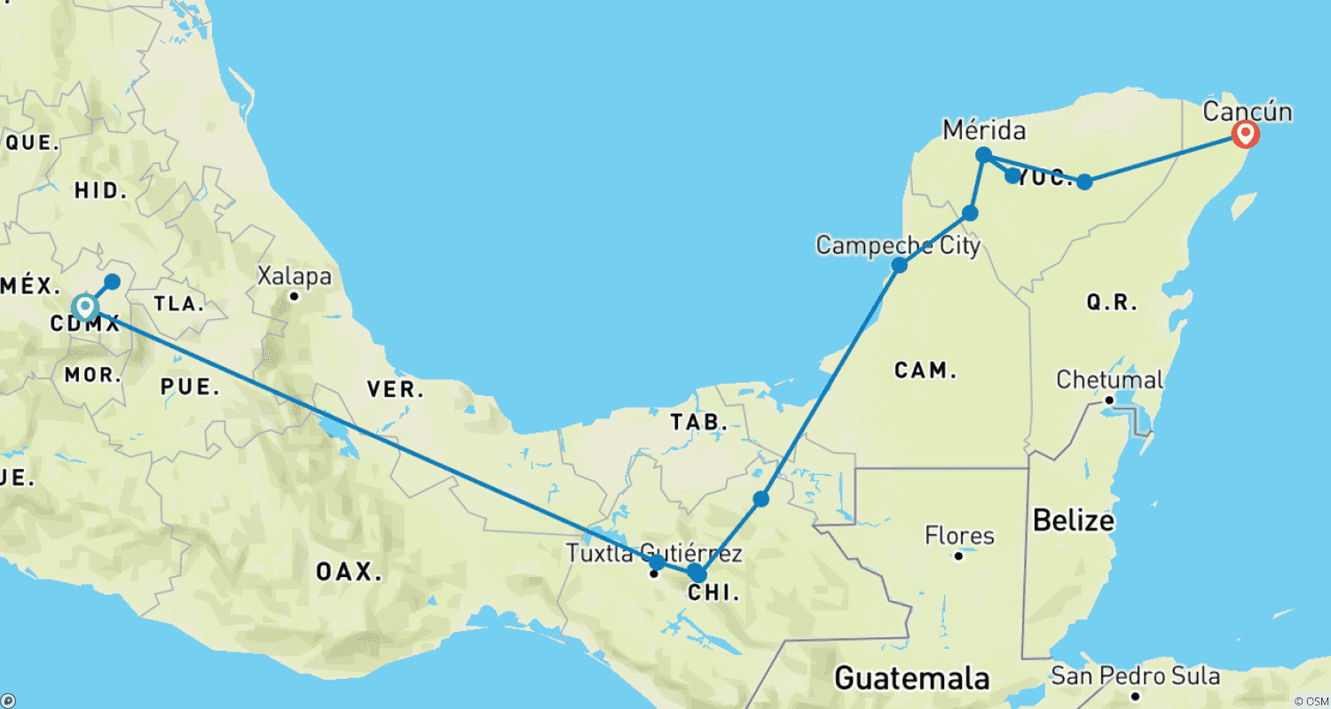 Mapa do percurso de Astecas e Maias