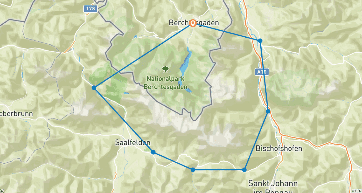 Mapa do percurso de Trilho dos Prados Alpinos da Baviera e Salzburgo