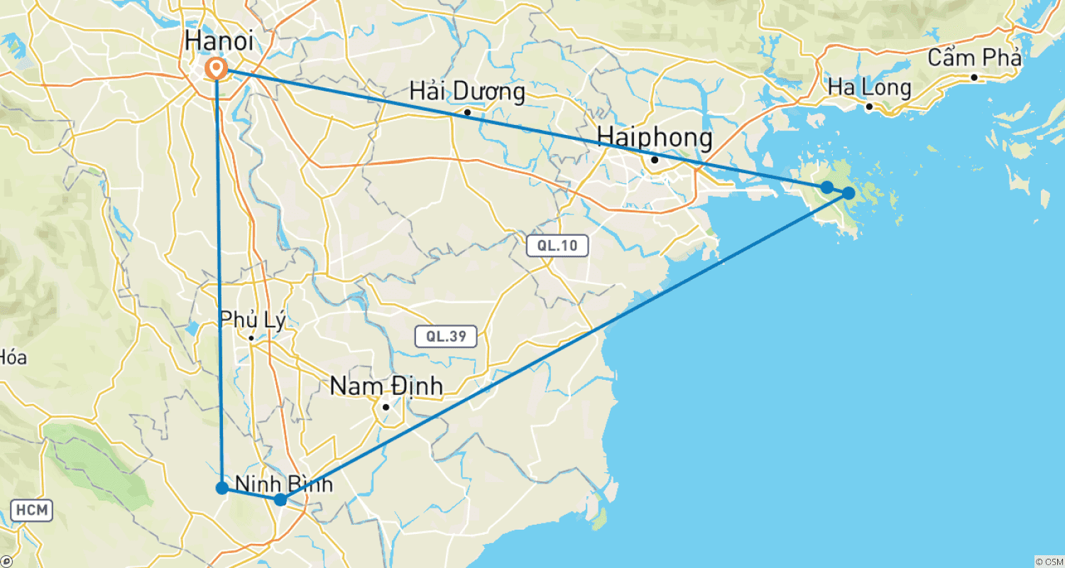 Mapa do percurso de Descoberta de Hanói, Cat Ba, Baía de Lan Ha e Ninh Binh: 7 dias e 6 noites