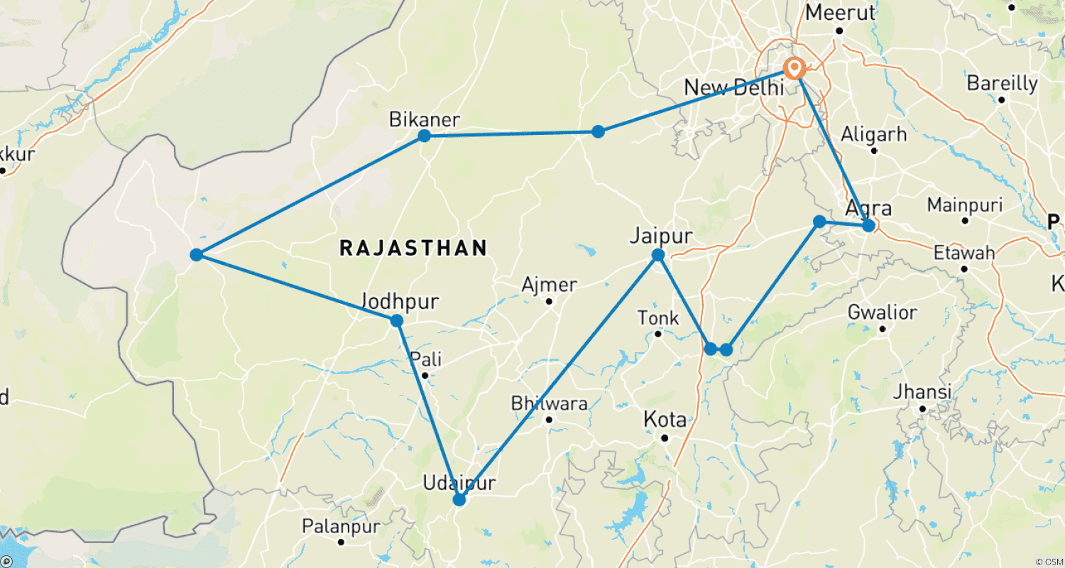 ラジャスタン＆野生動物サファリ付きゴールデン・トライアングル 11日間プライベート・インドツアー（Delhi、Agra、Jaipur、Ranthambore、Udaipur）のルートマップ