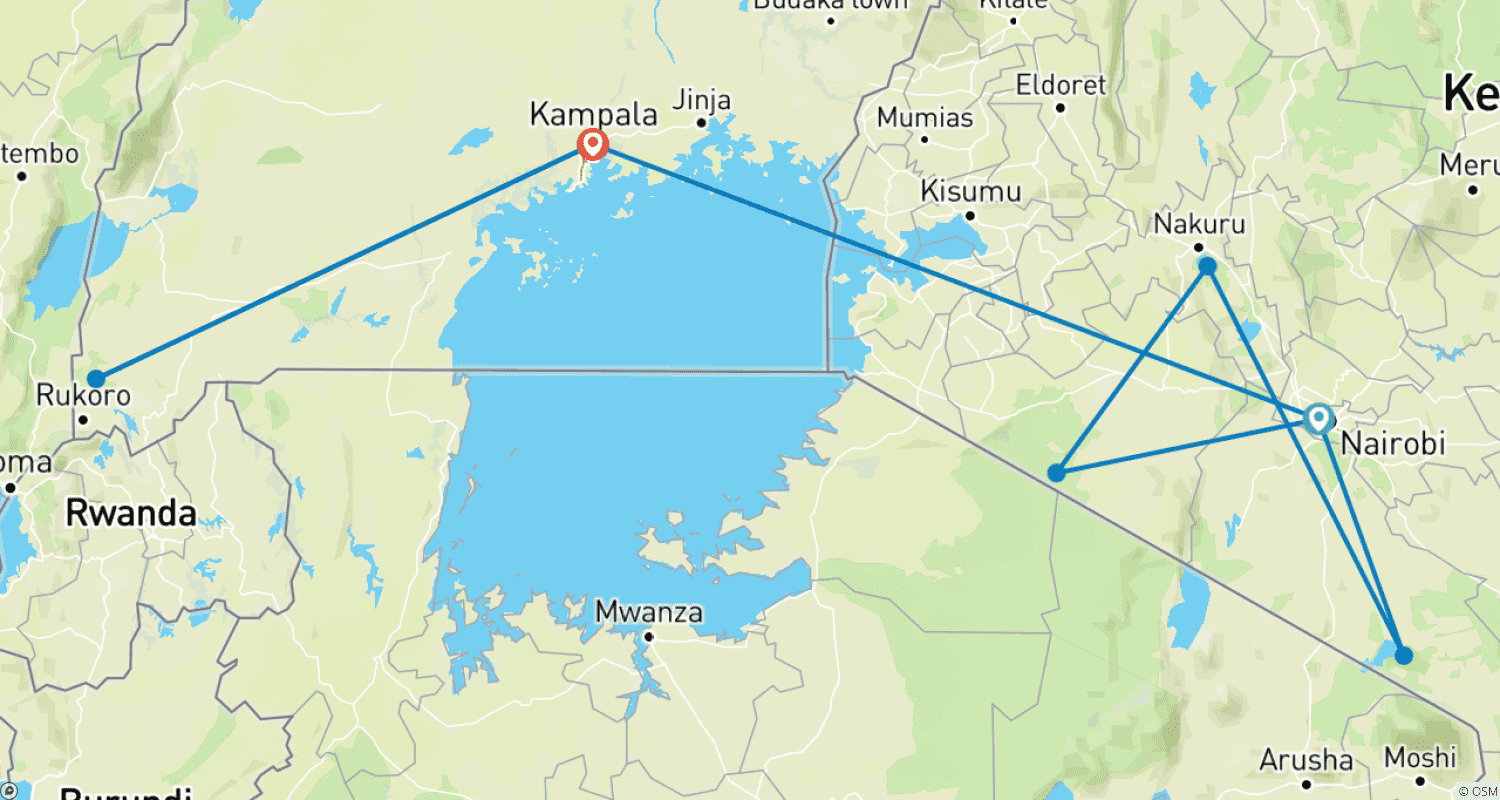 Mapa do percurso de 9 Dias: O Melhor do Quênia e Safari de Gorilas em Uganda