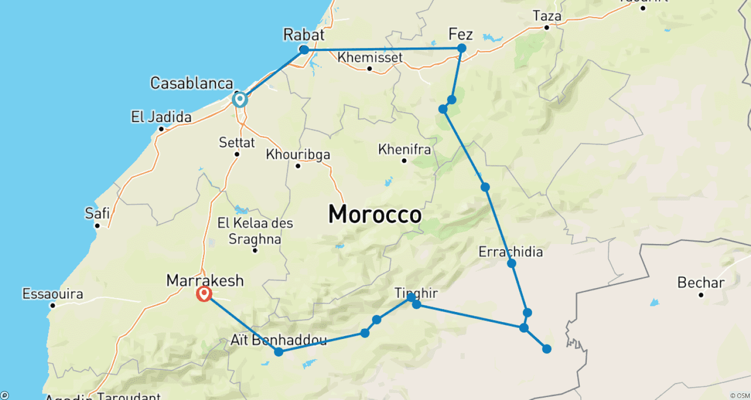 خريطة مسار جولة الصحراء في المغرب لمدة 8 أيام من الدار البيضاء