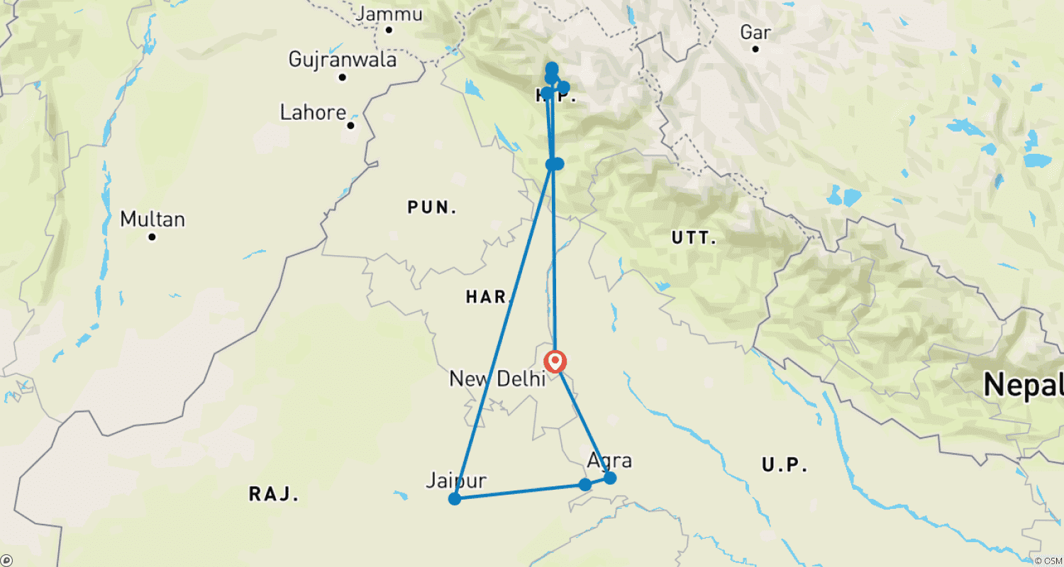 India Heritage Tour with Himachalのルートマップ
