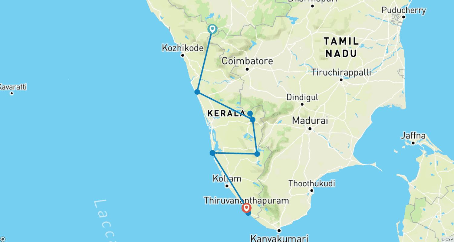 Mapa do percurso de Excursão de 10 Dias por Kerala